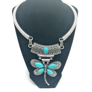 New Omega Bib/Collar Necklace Silver T. & Aqua Blue STUNNING Dragonfly STATEMENT